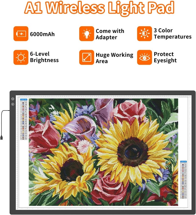 KEIWRLIGHT Rechargeable A1 Light Pad for Diamond Painting, 3 Colors High Bright Tracing Light Box with 6 Levels/Stepless Dimming, Fast Charging Adapter, Large Drawing Light Board for Sketching, Architecture - Image 3